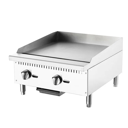 Commercial hard chrome gas griddle with stainless steel surface, designed for restaurant kitchens, CE certified by BackupMyFilesNow.com