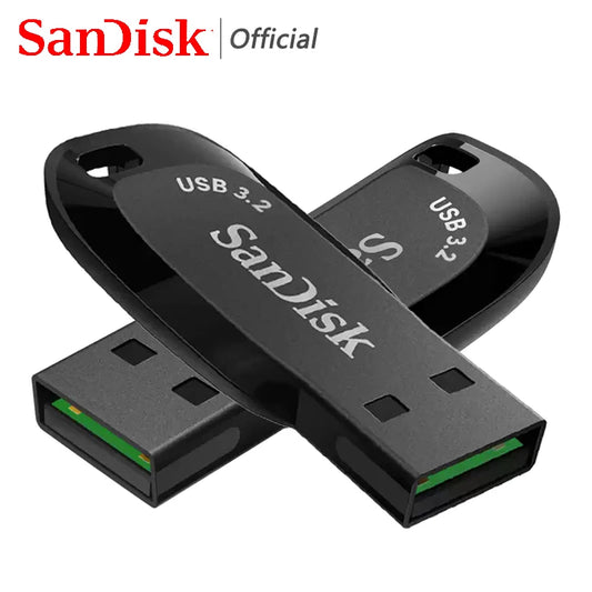 SanDisk USB 3.2 flash drive in various capacities with BackupMyFilesNow branding, showing sleek pen drive on a white background.