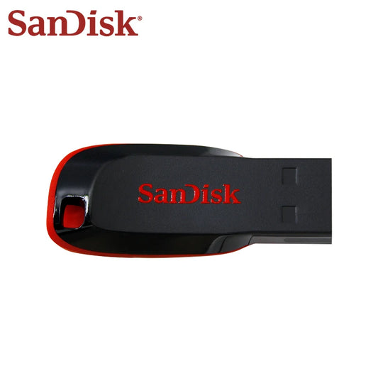 SanDisk Super Mini USB 2.0 flash drive in 16GB, 32GB, 64GB, or 128GB with compact design, for computers, TV, and car audio.