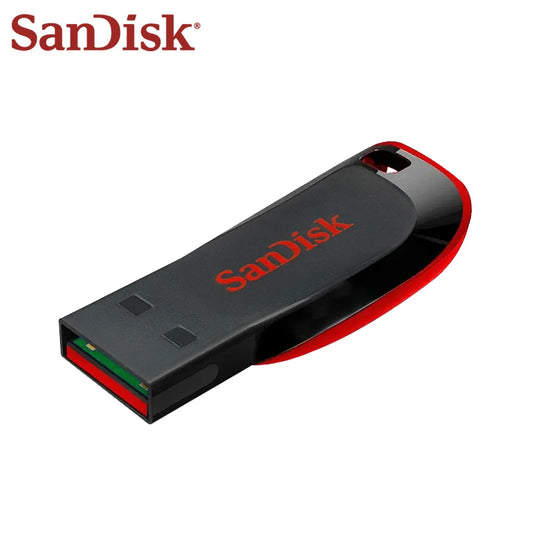 SanDisk Super Mini USB 2.0 flash drive in black with capacity options of 16GB, 32GB, 64GB, and 128GB for computers and devices.