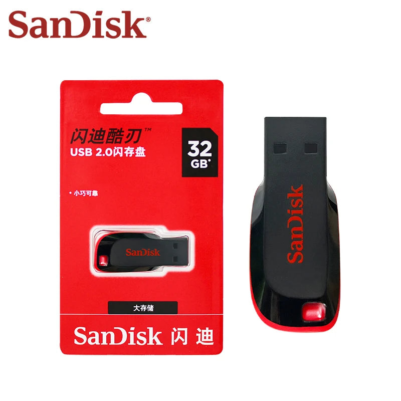 SanDisk Super Mini USB 2.0 Flash Drive in 16GB, 32GB, 64GB, 128GB with compact design for computers, TVs, and car audio.