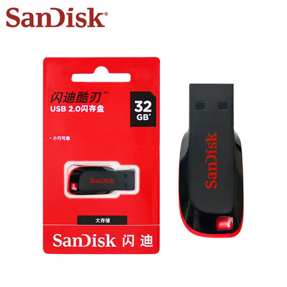SanDisk Super Mini USB 2.0 Flash Drive in 16GB, 32GB, 64GB, 128GB with compact design for computers, TVs, and car audio.