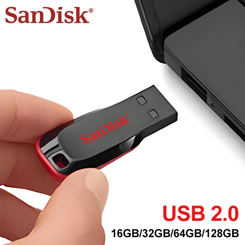 SanDisk Super Mini USB 2.0 flash drive in various storage capacities, compact design for computer, TV, car audio, and data backup.