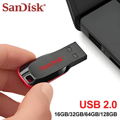 SanDisk Super Mini USB 2.0 flash drive in various storage capacities, compact design for computer, TV, car audio, and data backup.