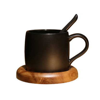 Nordic frosted ceramic coffee mug with wooden base and spoon tray, black coffee cup from BackupMyFilesNow.com Drinkware collection