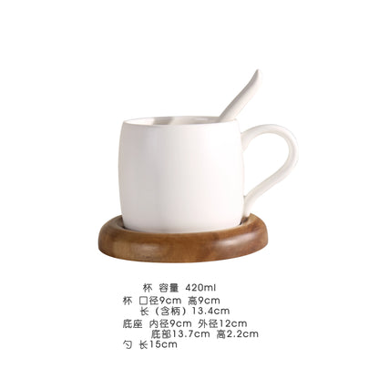 Nordic frosted ceramic coffee mug with wooden base, spoon tray, black coffee, creative drinkware from BackupMyFilesNow.com