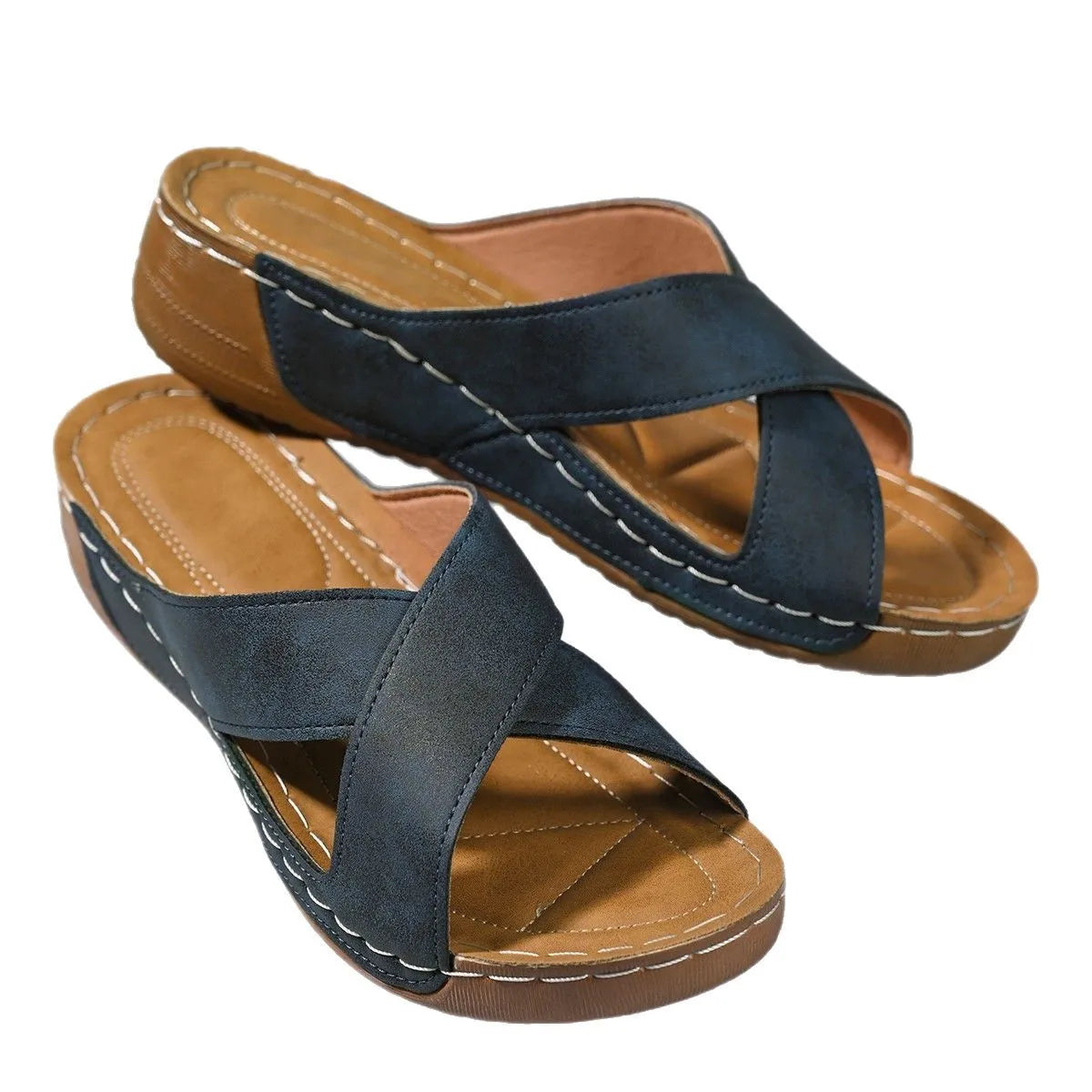 Brown QF1 Cross Strap Women's Roman Sandals with thick sole and wedge platform, ideal for summer outdoor casual wear.