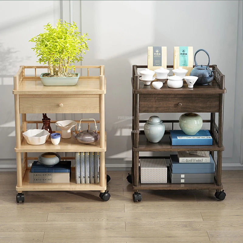 Modern salon furniture solid wood trolley with multiple shelves for barber shop tools and mobile storage in a beauty salon setting.
