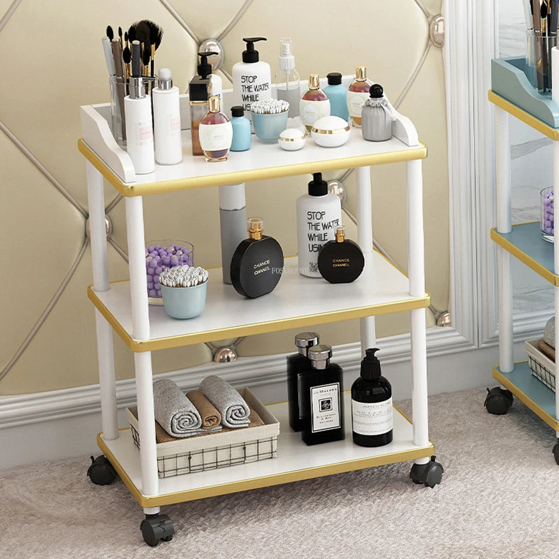 Modern solid wood salon trolley with multiple shelves and wheels, ideal for beauty salons and barber shops for tool storage.