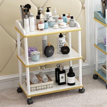 Modern solid wood salon trolley with multiple shelves and wheels, ideal for beauty salons and barber shops for tool storage.