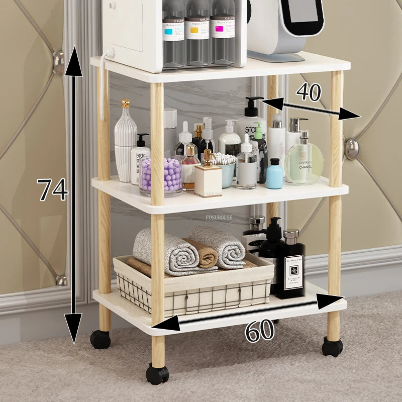 Modern salon furniture solid wood trolley with multiple shelves, mobile design, ideal for beauty salons and barber shops storage.