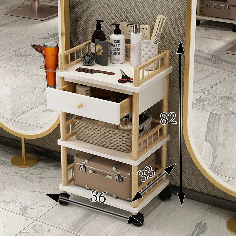 Modern solid wood salon trolley with multiple shelves for barber shop or beauty salon tool storage, mobile and functional.