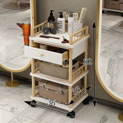 Modern solid wood salon trolley with multiple shelves for barber shop or beauty salon tool storage, mobile and functional.