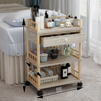 Modern salon trolley made of solid wood with multiple shelves for tools, ideal for barber shops and beauty salons.