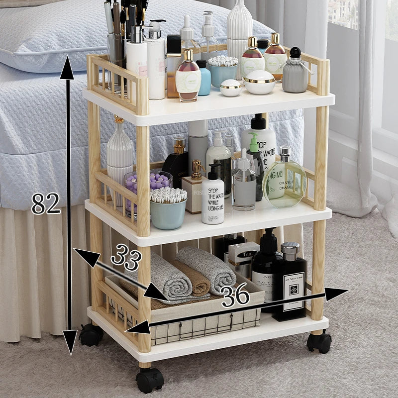 Modern solid wood salon trolley with multiple shelves, mobile storage rack for beauty and barber shops, durable and stylish.