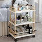 Modern solid wood salon trolley with multiple shelves, mobile storage rack for beauty and barber shops, durable and stylish.