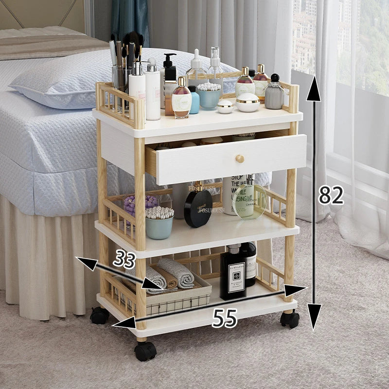 Modern salon furniture with solid wood trolley and storage rack, ideal for beauty salons and barber shops.