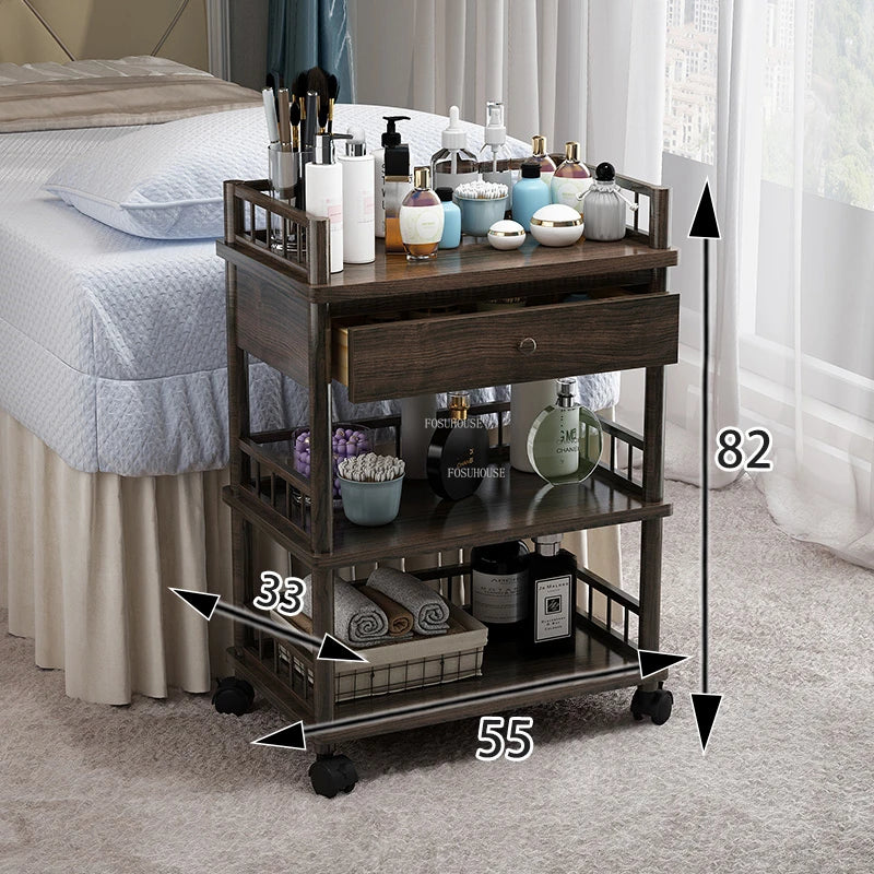 Modern solid wood salon trolley with multiple shelves and wheels for barber shop or beauty salon tool storage.