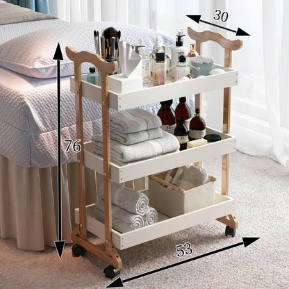 Modern salon furniture wooden trolley with multiple storage compartments, suitable for beauty salons and barber shops.