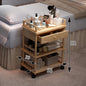 Modern wooden salon trolley with multiple shelves, mobile design, used for beauty salon or barber shop tool storage.