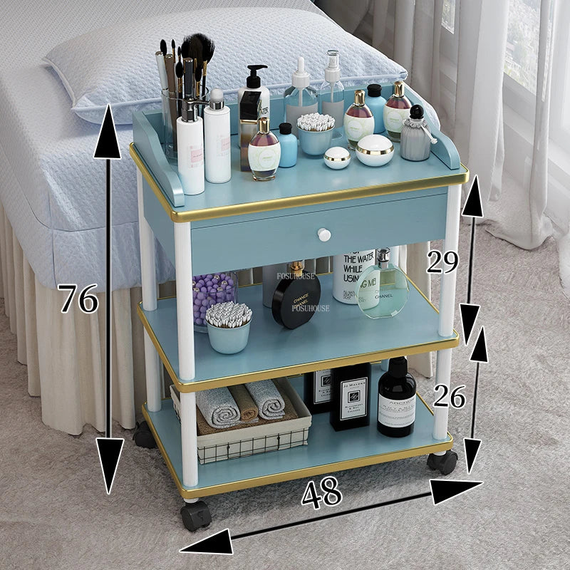 Modern solid wood salon trolley with multiple shelves, designed for beauty salons and barber shops, mobile and easy to move.