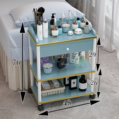 Modern solid wood salon trolley with multiple shelves, designed for beauty salons and barber shops, mobile and easy to move.