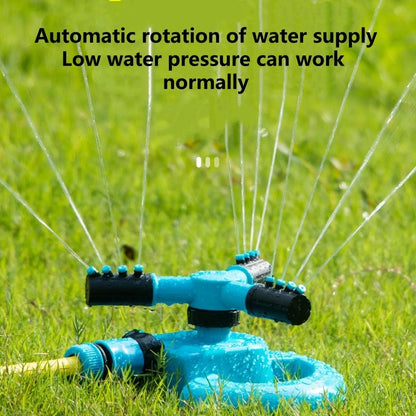 360-degree automatic rotating sprinkler nozzle for garden and lawn watering by BackupMyFilesNow.com, showing water spray pattern.