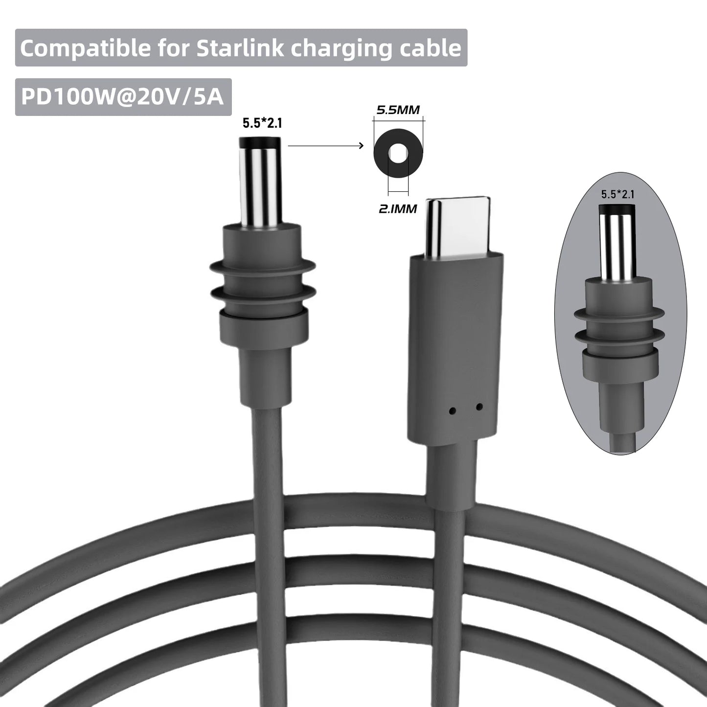 Starlink Mini 2M waterproof DC power Type-C replacement cable with outdoor barrel jack, designed for secure outdoor Starlink setups.