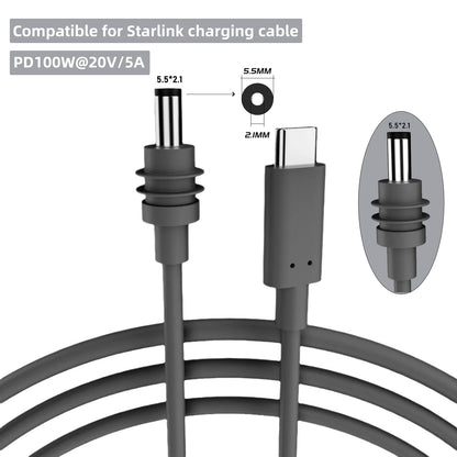 Starlink Mini 2M waterproof DC power Type-C replacement cable with outdoor barrel jack, designed for secure outdoor Starlink setups.