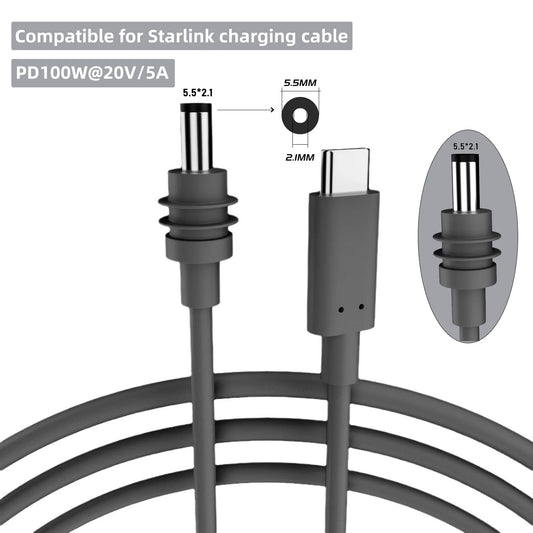 Starlink Mini 2M waterproof DC power Type-C replacement cable with outdoor barrel jack, designed for secure outdoor Starlink setups.