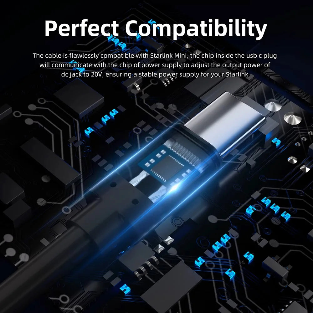 Starlink Mini 2m DC power Type-C replacement cable with waterproof outdoor barrel jack, suitable for outdoor Starlink mini setups.
