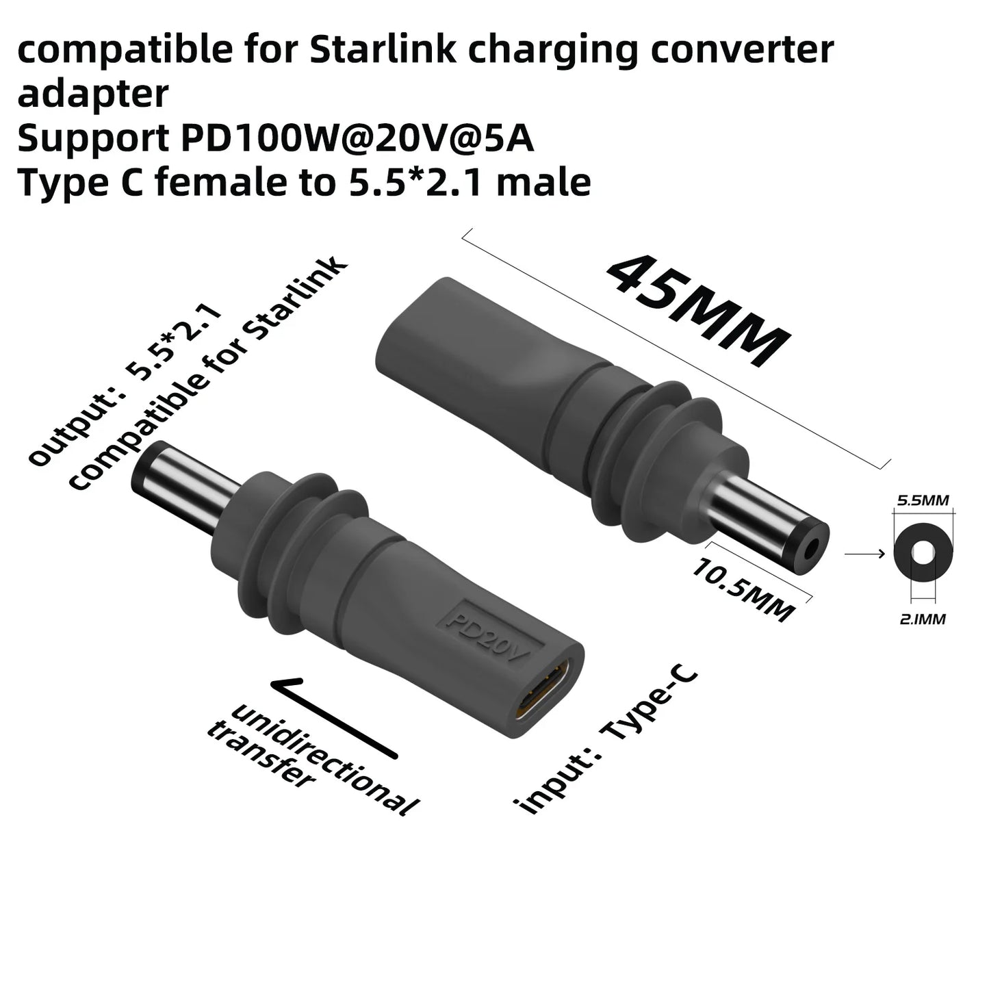 Starlink Mini 2m DC power Type-C replacement cable with waterproof outdoor barrel jack for outdoor Starlink setups.