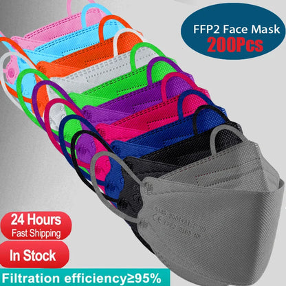 Dark blue FFP2 KN95 face masks, 100-pack, 4-ply protection, secure KN95 masks for safety and health protection.