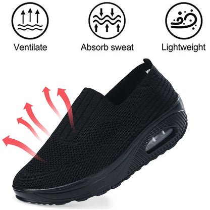 Dark blue summer women's vulcanized sneakers with platform sole, flat design, breathable material, casual Wedges walking shoes.