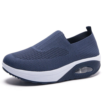 Dark blue summer women's vulcanized sneakers with platform soles, casual breathable flats, and walking wedges for stylish comfort.