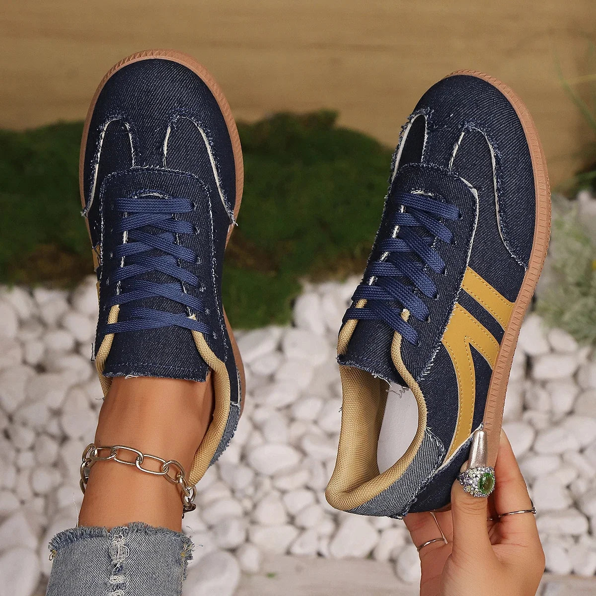 Dark blue women's ballet sneakers with soft soles, anti-skid design, comfortable flats for casual walking and everyday wear.
