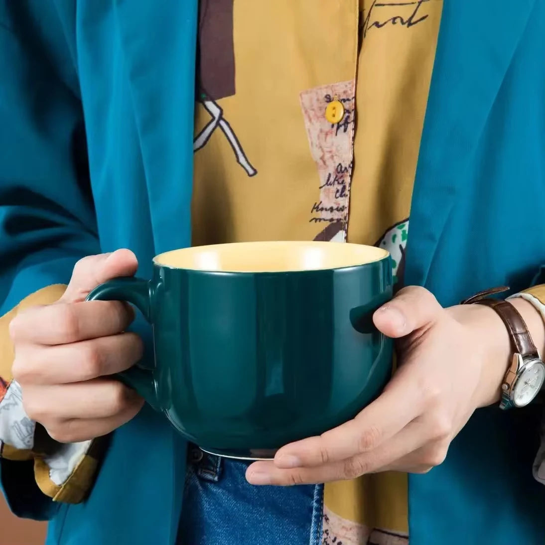 Dark blue 700ml ceramic coffee mug and large capacity bowl ideal for breakfast oatmeal, milk tea, or instant noodles, with a novelty design.