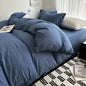 Dark blue king-size cotton bedding set with duvet cover and pillowcases, featuring solid bed linen for single, double, and twin beds.