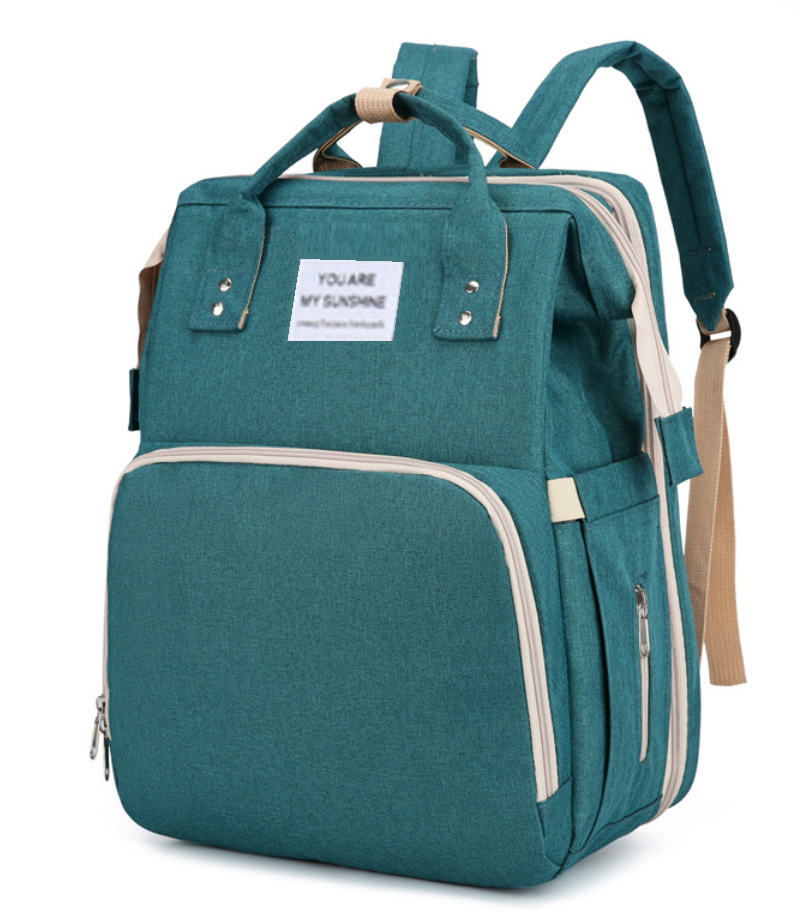 Dark blue large-capacity mommy bag from BackupMyFilesNow.com with multiple compartments and adjustable straps.