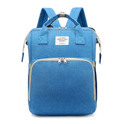 Dark blue large-capacity mommy bag by BackupMyFilesNow.com with multiple compartments and adjustable straps, designed for parent needs.