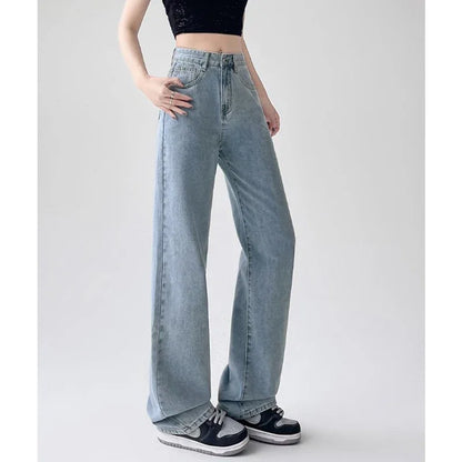 Dark blue high waist jeans for women featuring straight leg fit, Korean style, and a baggy, casual denim design.