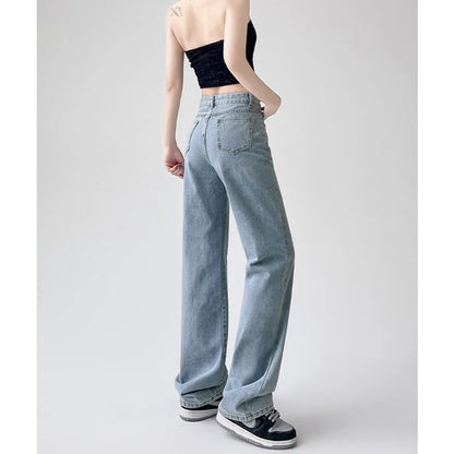 Dark blue high waist jeans for women featuring a baggy straight-leg fit, Korean style, made of lightweight denim fabric.