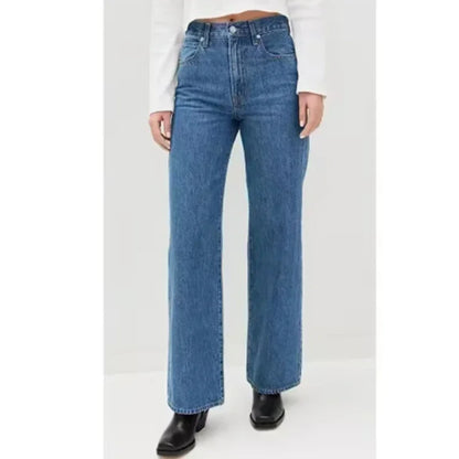 Dark blue high waist denim jeans for women with straight legs, baggy fit, Korean style, made by BackupMyFilesNow.com