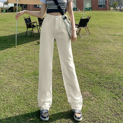 Dark blue high waist jeans for women with straight leg fit, Korean style, baggy design, made of lightweight denim.