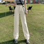 Dark blue high waist jeans for women with straight leg fit, Korean style, baggy design, made of lightweight denim.