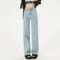 Dark blue high waist jeans for women with straight-leg fit, Korean-style, baggy design, made of lightweight denim fabric.