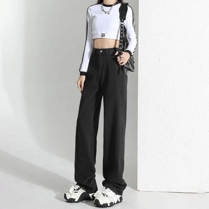 Dark blue high waist denim jeans for women with a baggy straight-leg fit, Korean style, from BackupMyFilesNow.com.
