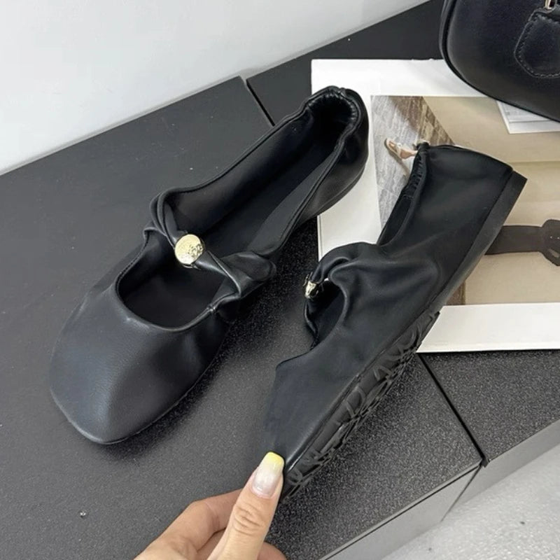 Dark brown Retro Fashion Mary Jane shoes for women with comfort soft soles, casual and elegant flat shoes with yellow accents.