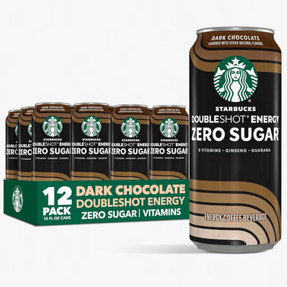 12-pack of Starbucks Doubleshot Zero Sugar Coffee Energy Drinks in 15 fl oz cans with dark chocolate flavor and B vitamins.