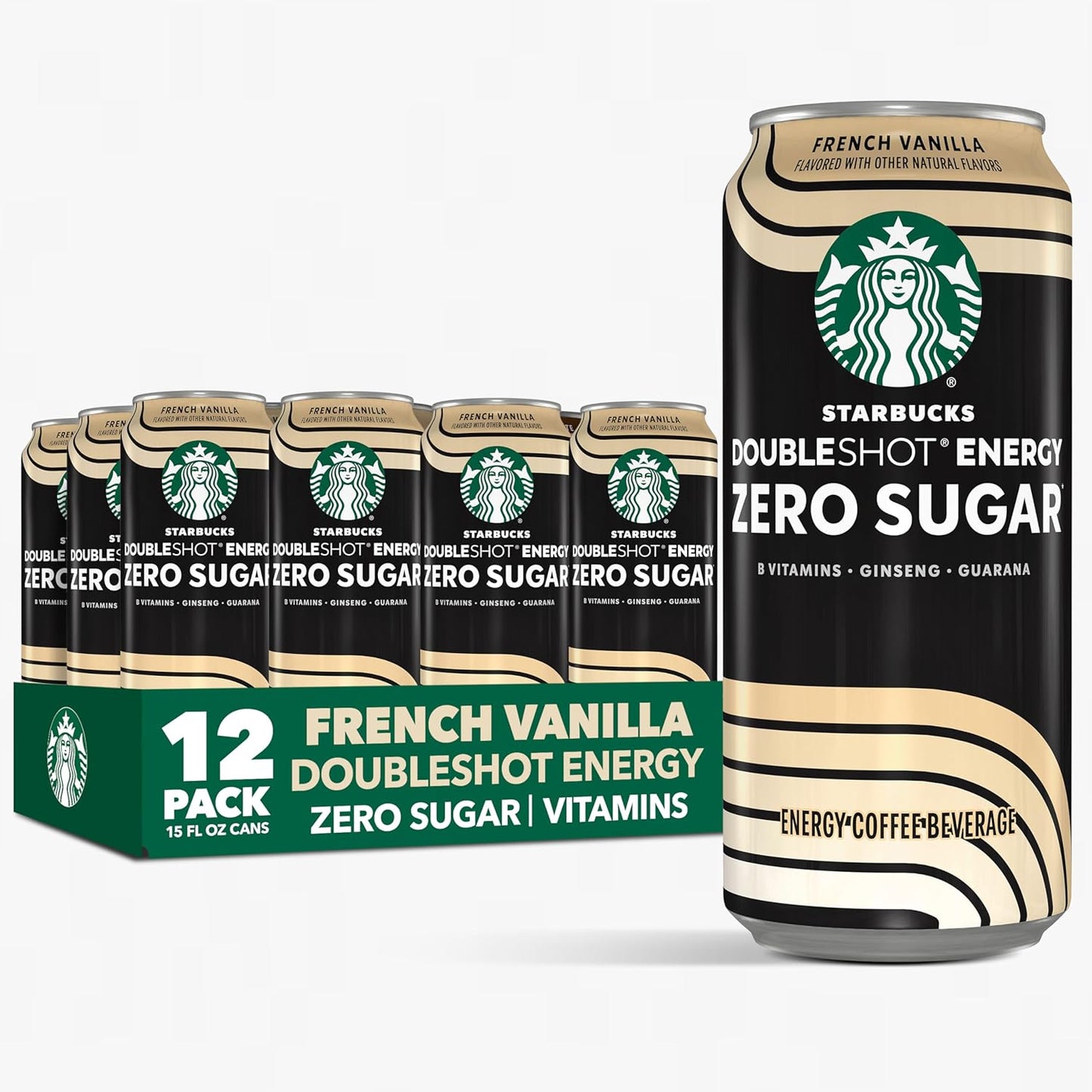 12-pack of Starbucks Doubleshot Zero Sugar Coffee Energy Drinks in 15 fl oz cans, featuring dark chocolate flavor, B vitamins, ginseng, and guarana